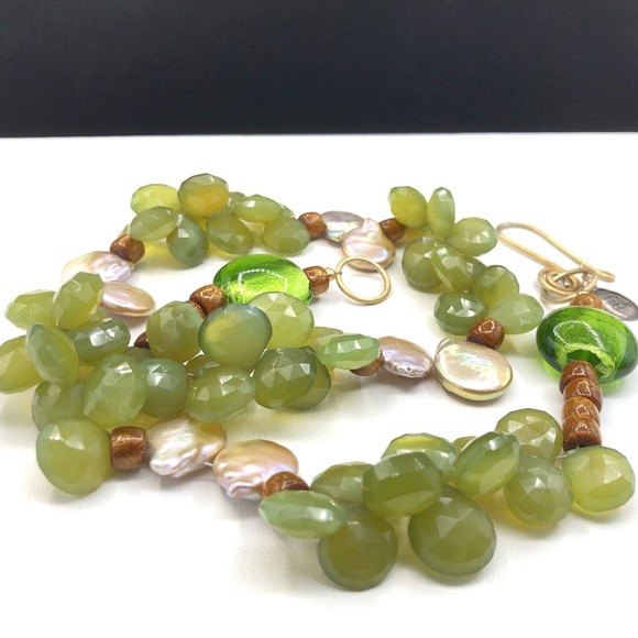 BG Fresh Water Pearl Necklace Baroque Coins Faceted Glass Teardrops 14K GP Clasp - Picture 6 of 7